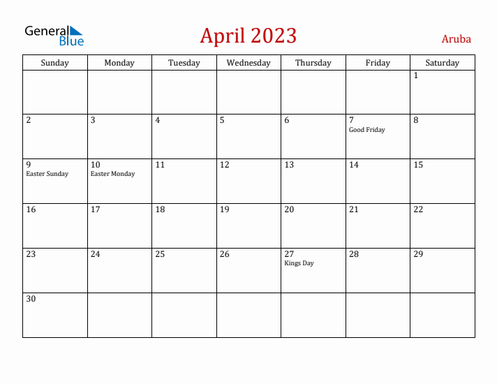 Aruba April 2023 Calendar - Sunday Start