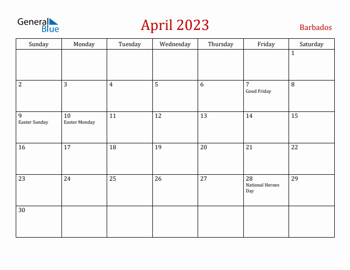 Barbados April 2023 Calendar - Sunday Start