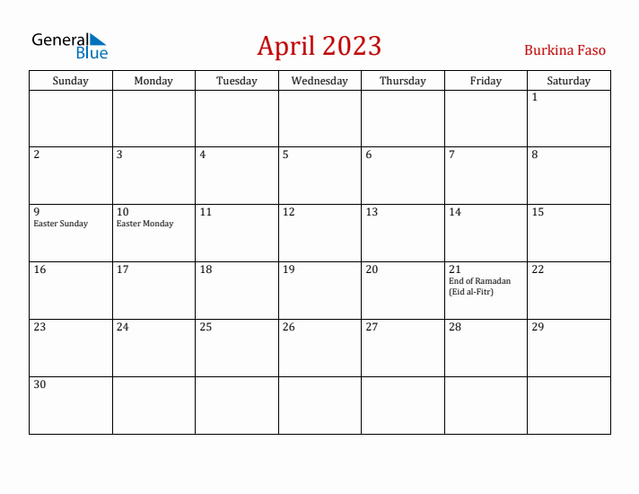 Burkina Faso April 2023 Calendar - Sunday Start