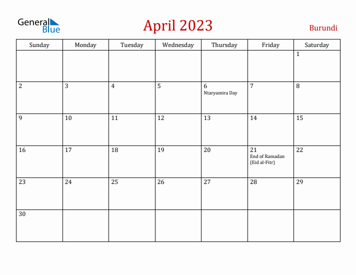 Burundi April 2023 Calendar - Sunday Start