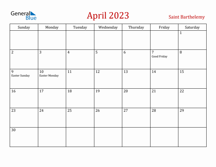 Saint Barthelemy April 2023 Calendar - Sunday Start