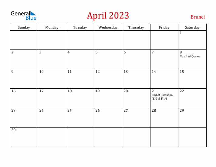 Brunei April 2023 Calendar - Sunday Start