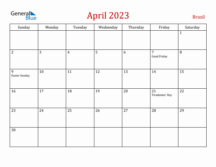 Brazil April 2023 Calendar - Sunday Start