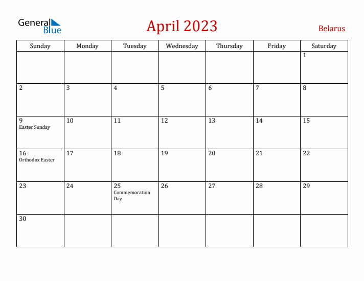 Belarus April 2023 Calendar - Sunday Start