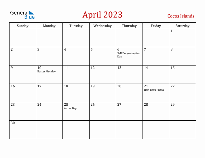 Cocos Islands April 2023 Calendar - Sunday Start