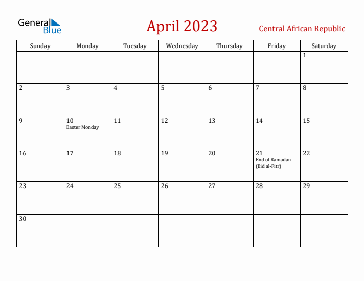Central African Republic April 2023 Calendar - Sunday Start