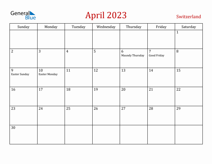 Switzerland April 2023 Calendar - Sunday Start