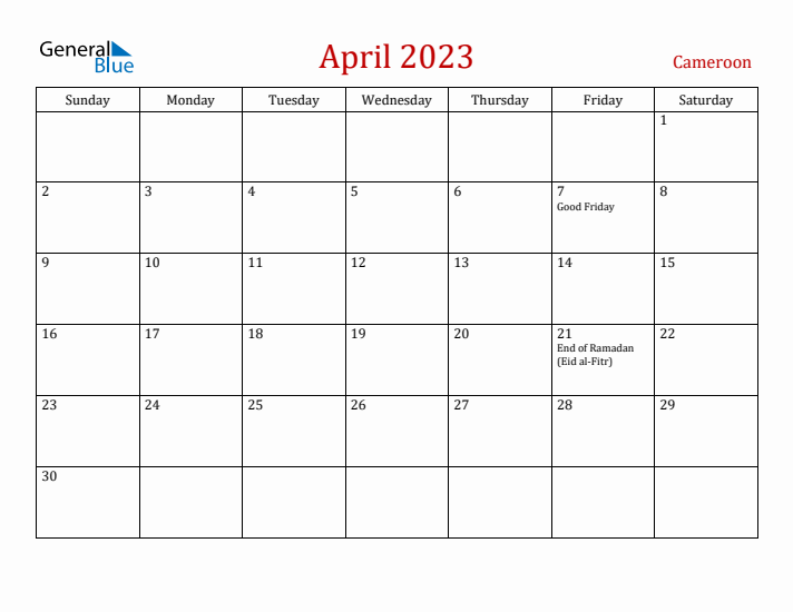 Cameroon April 2023 Calendar - Sunday Start