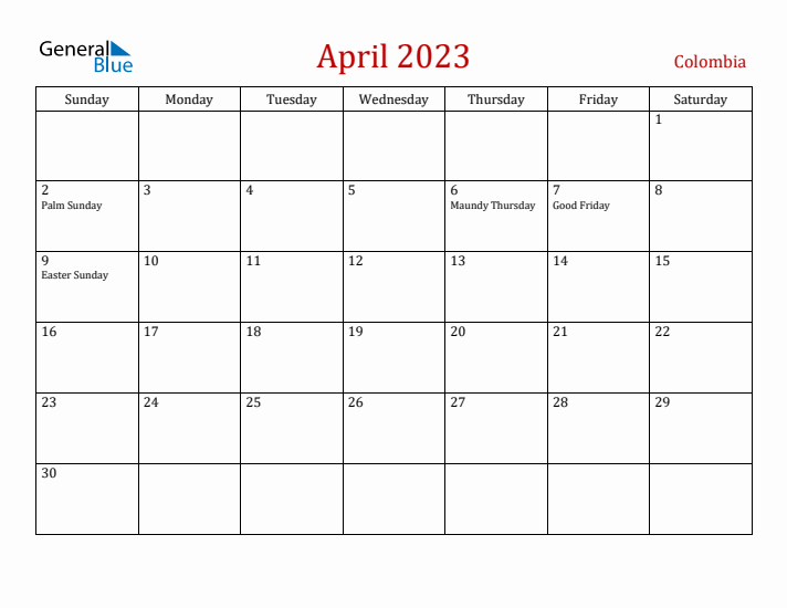 Colombia April 2023 Calendar - Sunday Start