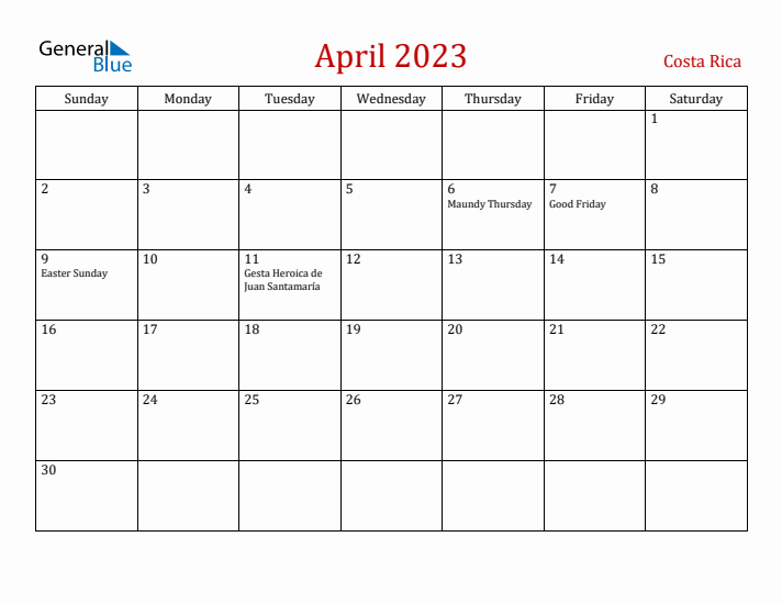 Costa Rica April 2023 Calendar - Sunday Start