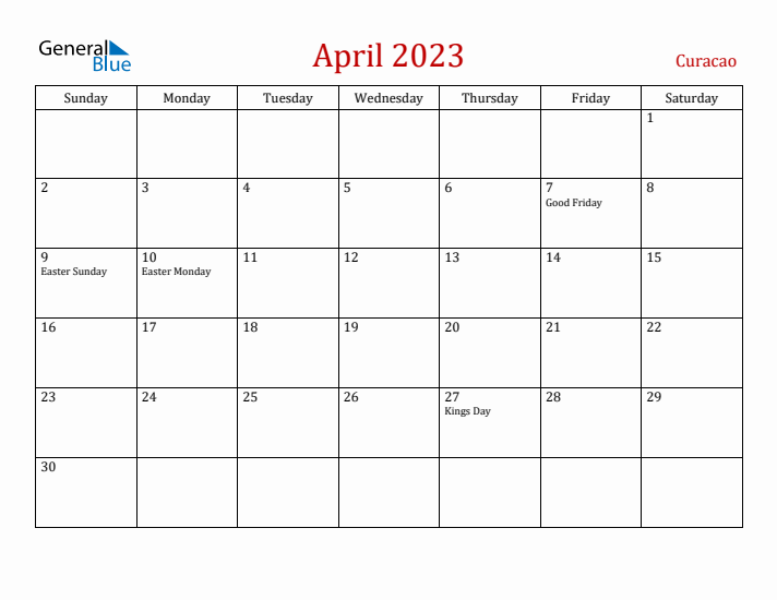 Curacao April 2023 Calendar - Sunday Start