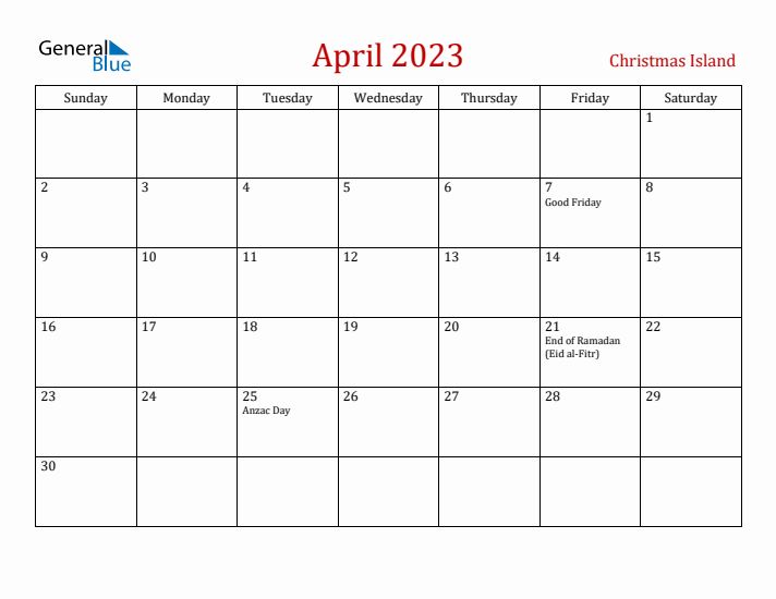 Christmas Island April 2023 Calendar - Sunday Start