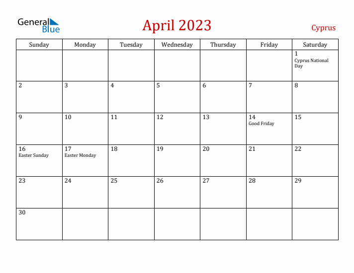 Cyprus April 2023 Calendar - Sunday Start