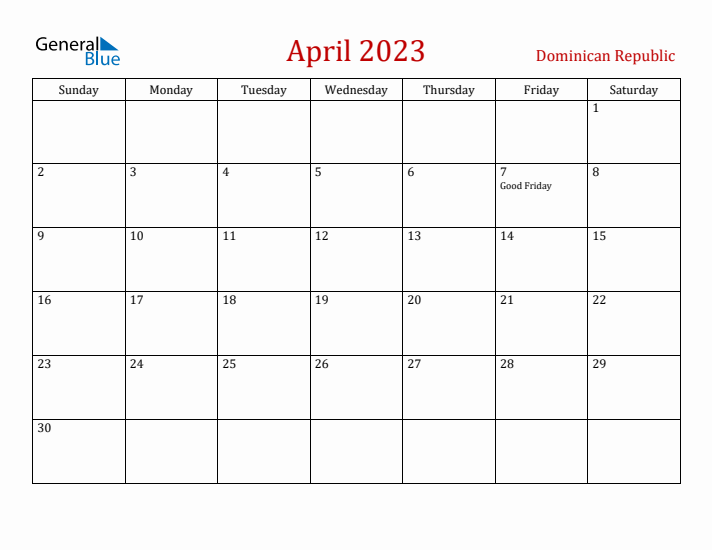Dominican Republic April 2023 Calendar - Sunday Start