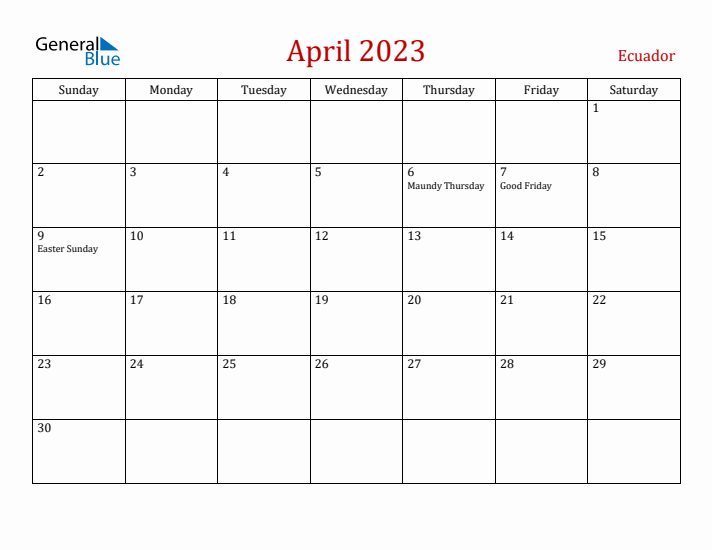 Ecuador April 2023 Calendar - Sunday Start