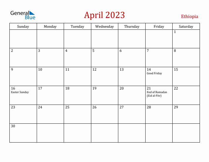 Ethiopia April 2023 Calendar - Sunday Start