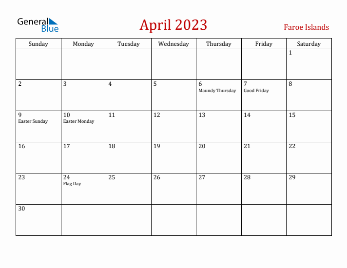 Faroe Islands April 2023 Calendar - Sunday Start