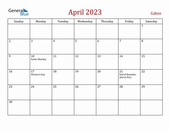 Gabon April 2023 Calendar - Sunday Start
