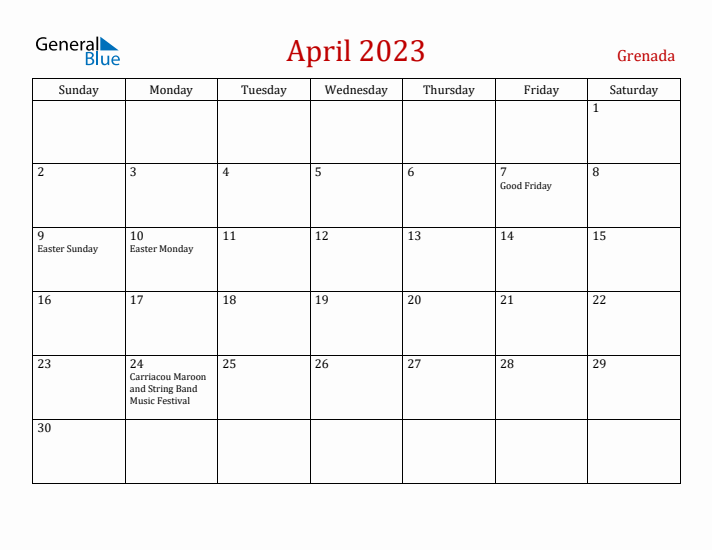 Grenada April 2023 Calendar - Sunday Start