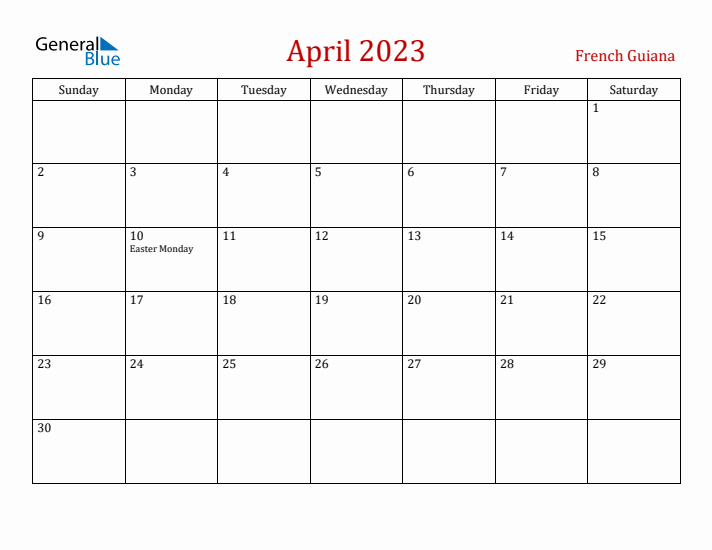 French Guiana April 2023 Calendar - Sunday Start