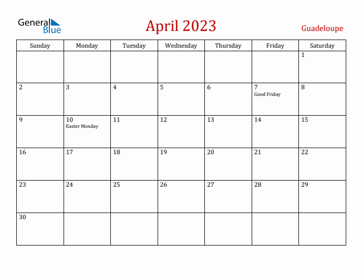 Guadeloupe April 2023 Calendar - Sunday Start