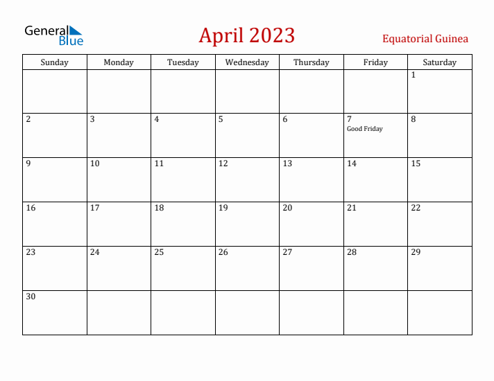 Equatorial Guinea April 2023 Calendar - Sunday Start