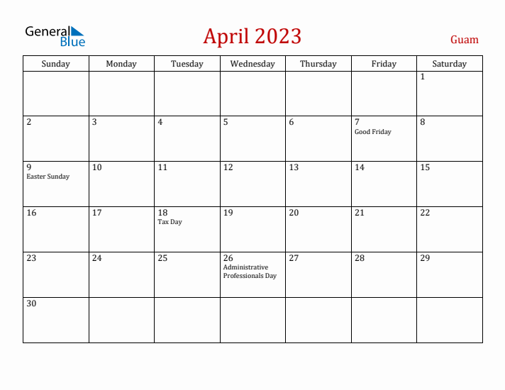 Guam April 2023 Calendar - Sunday Start