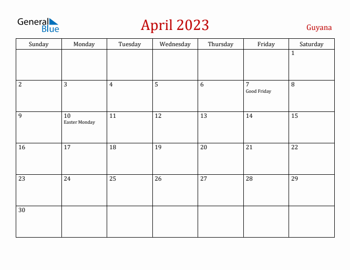 Guyana April 2023 Calendar - Sunday Start