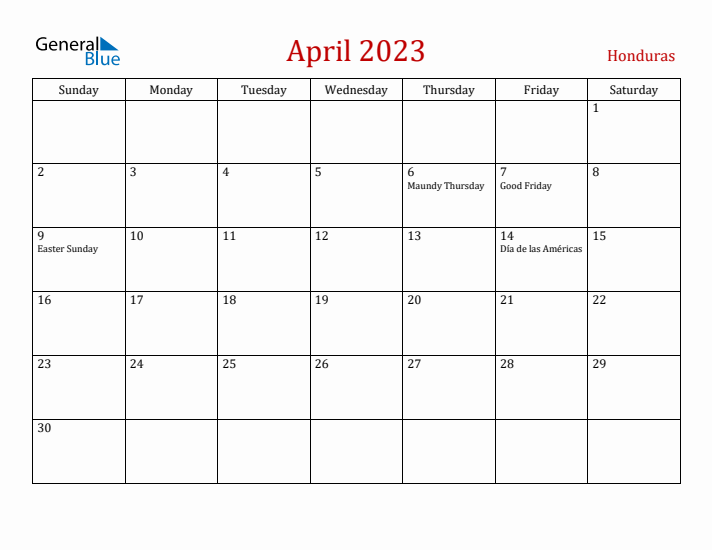 Honduras April 2023 Calendar - Sunday Start