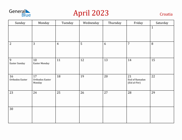 Croatia April 2023 Calendar - Sunday Start