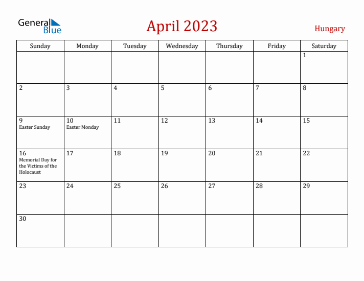 Hungary April 2023 Calendar - Sunday Start