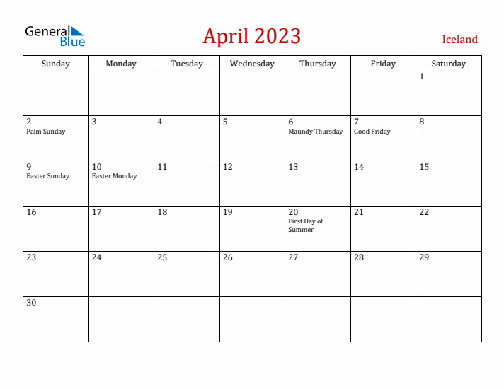 Iceland April 2023 Calendar - Sunday Start