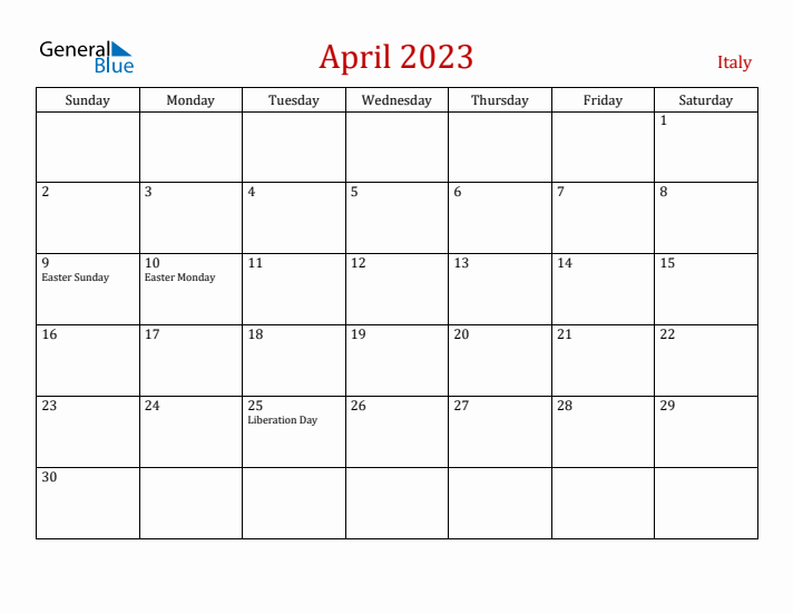 Italy April 2023 Calendar - Sunday Start