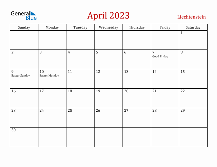 Liechtenstein April 2023 Calendar - Sunday Start