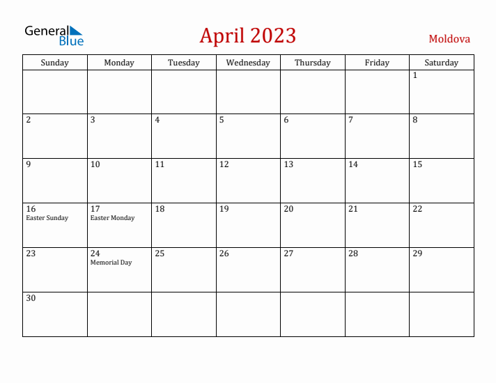 Moldova April 2023 Calendar - Sunday Start