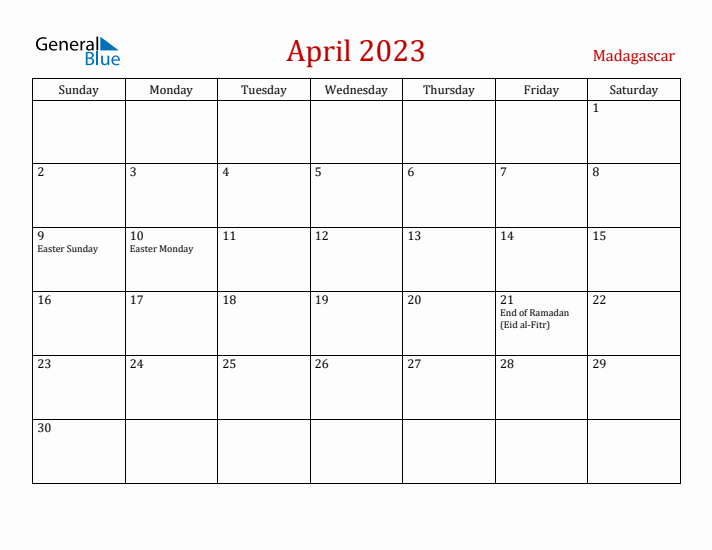 Madagascar April 2023 Calendar - Sunday Start