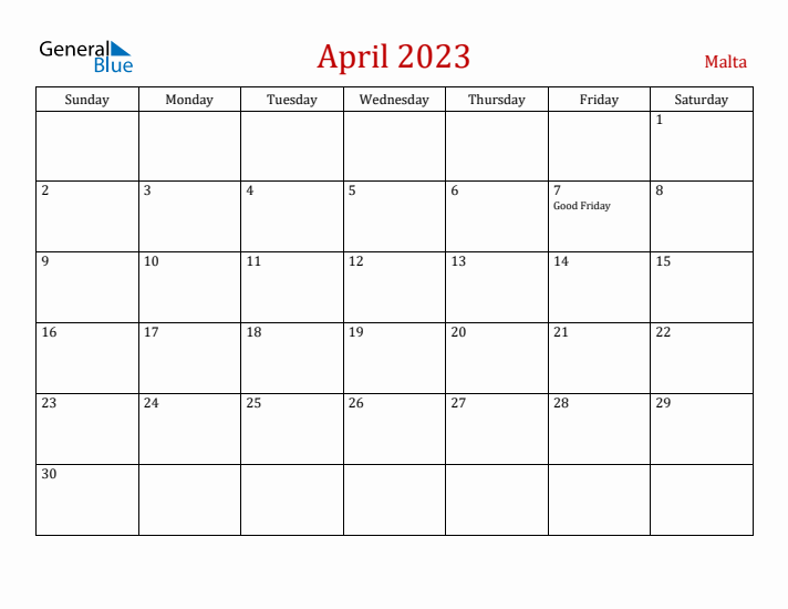 Malta April 2023 Calendar - Sunday Start