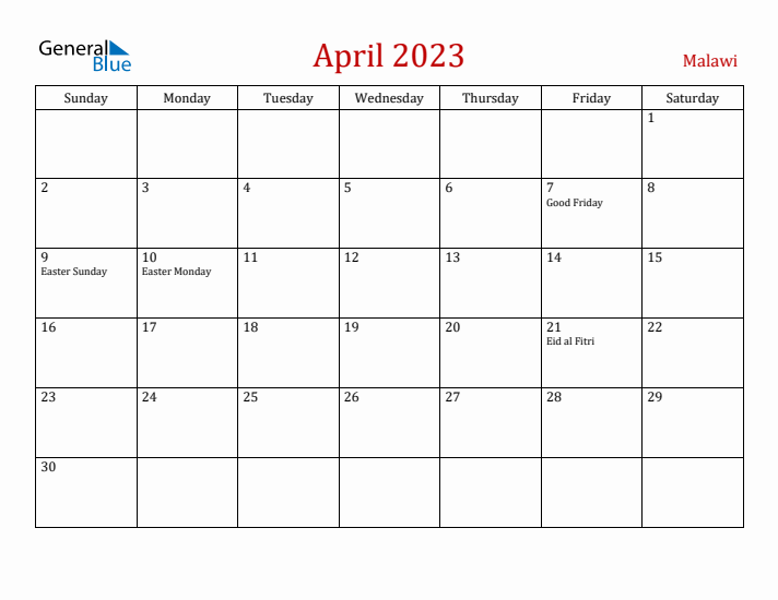 Malawi April 2023 Calendar - Sunday Start