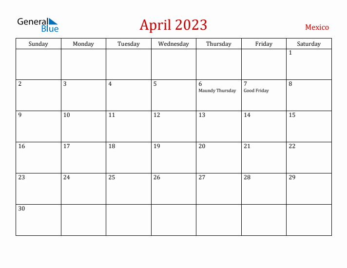 Mexico April 2023 Calendar - Sunday Start