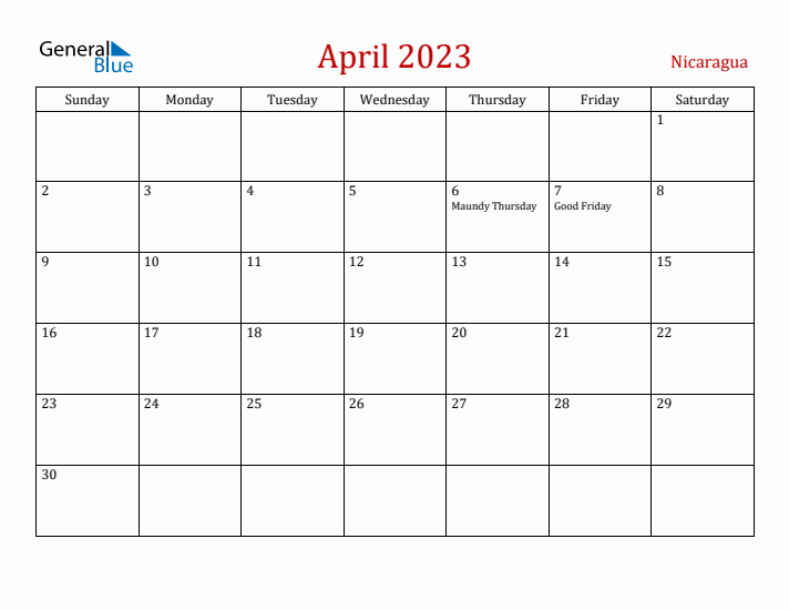 Nicaragua April 2023 Calendar - Sunday Start
