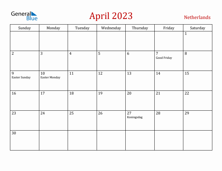 The Netherlands April 2023 Calendar - Sunday Start