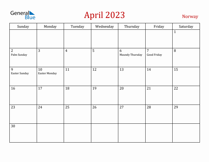 Norway April 2023 Calendar - Sunday Start