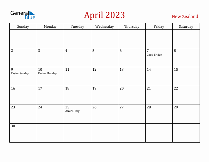 New Zealand April 2023 Calendar - Sunday Start