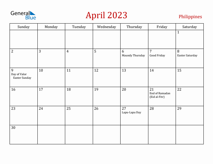 Philippines April 2023 Calendar - Sunday Start