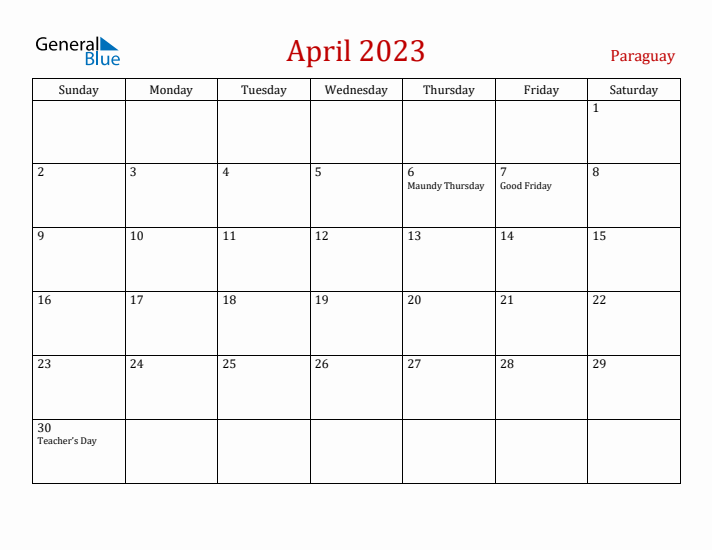 Paraguay April 2023 Calendar - Sunday Start