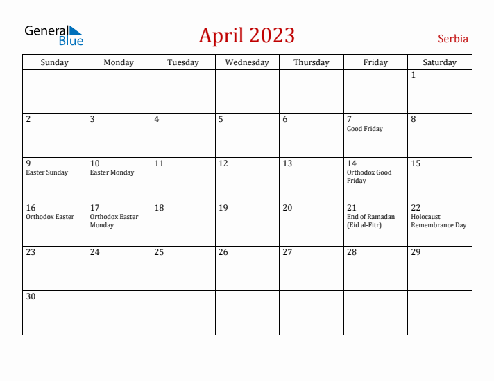 Serbia April 2023 Calendar - Sunday Start