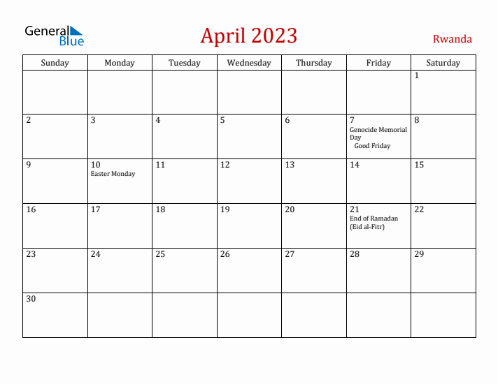 Rwanda April 2023 Calendar - Sunday Start