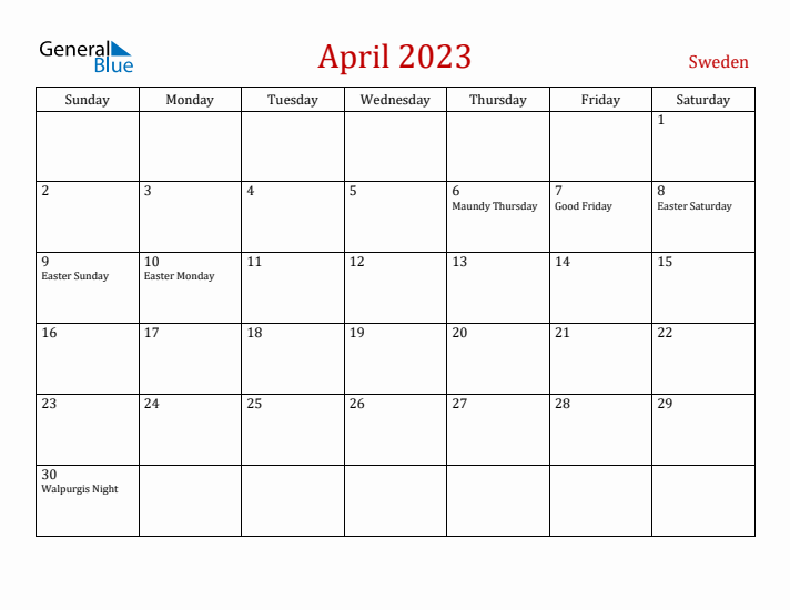 Sweden April 2023 Calendar - Sunday Start