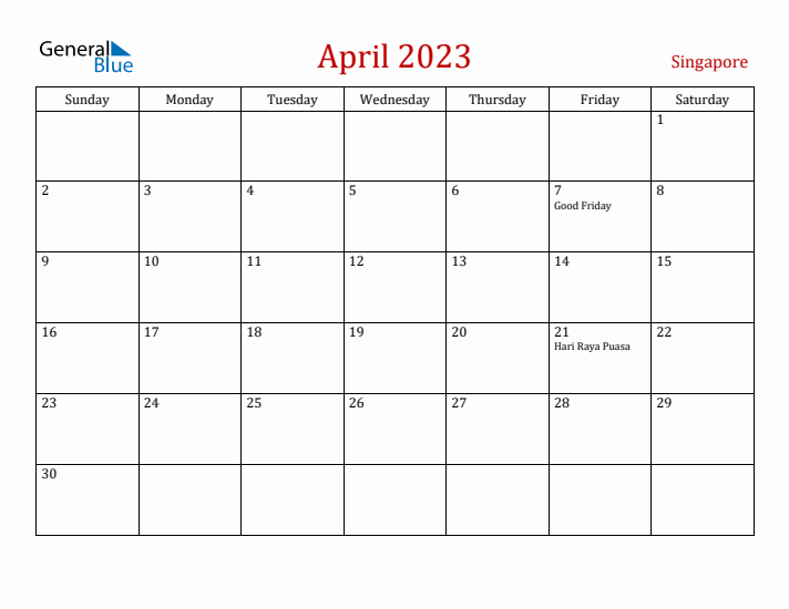 Singapore April 2023 Calendar - Sunday Start
