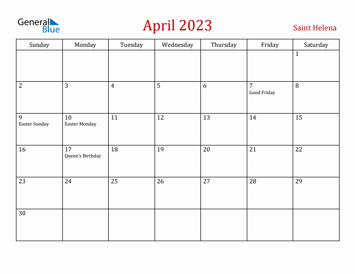 Saint Helena April 2023 Calendar - Sunday Start